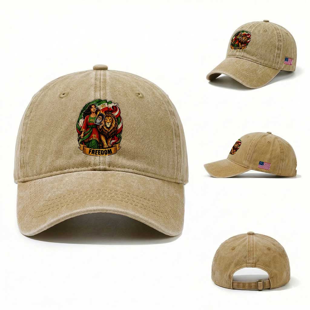Woman Life Freedom Washed Cotton Baseball Cap Iranian Women Resistance Pride TS12 Washed Cap Universal Fit Khaki Print Your Wear