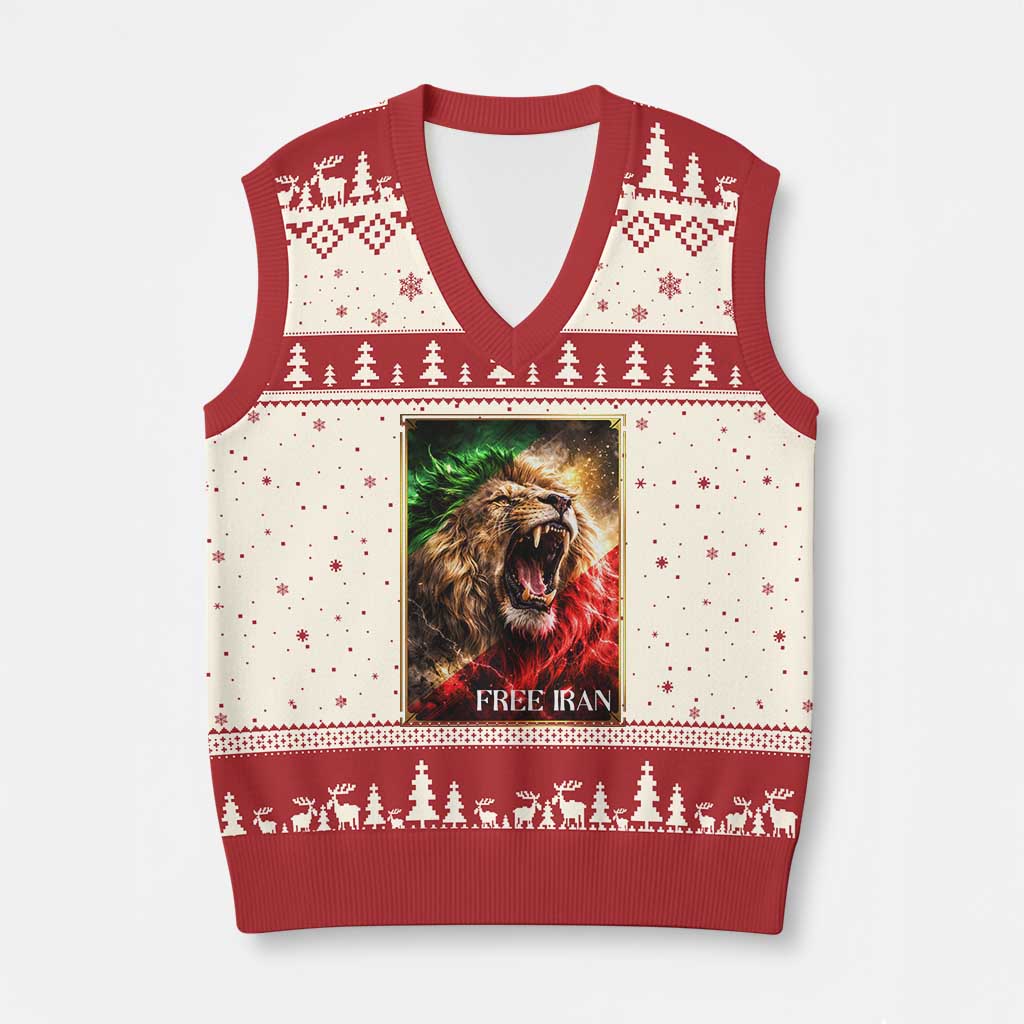 Free Iran Lion V-Neck Knit Sweater Vest Freedom Resistance Solidarity Movement Gift TS12 Beige Red Print Your Wear