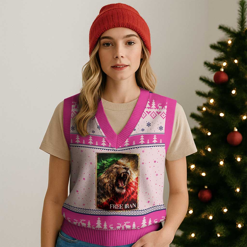 Free Iran Lion V-Neck Knit Sweater Vest Freedom Resistance Solidarity Movement Gift TS12 Hot Pink Print Your Wear