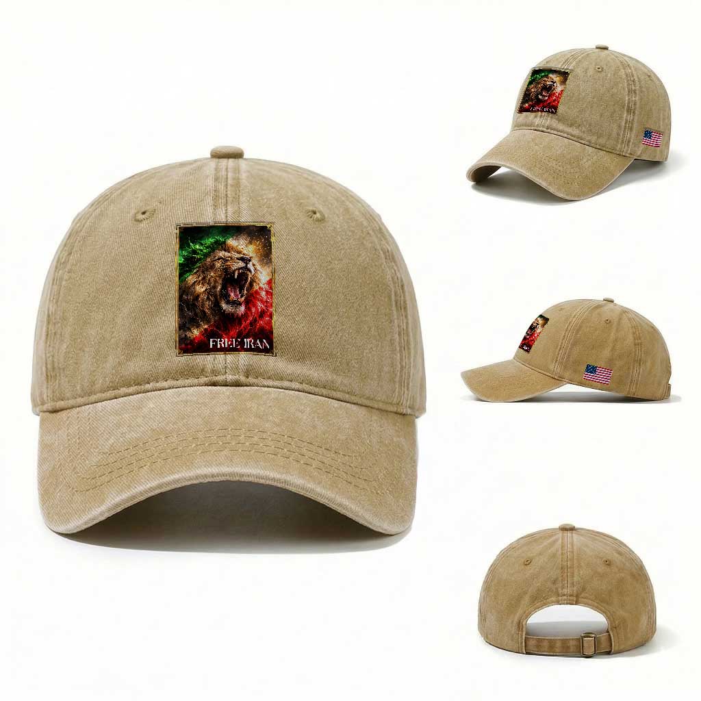 Free Iran Lion Washed Cotton Baseball Cap Freedom Resistance Solidarity Movement Gift TS12 Washed Cap Universal Fit Khaki Print Your Wear