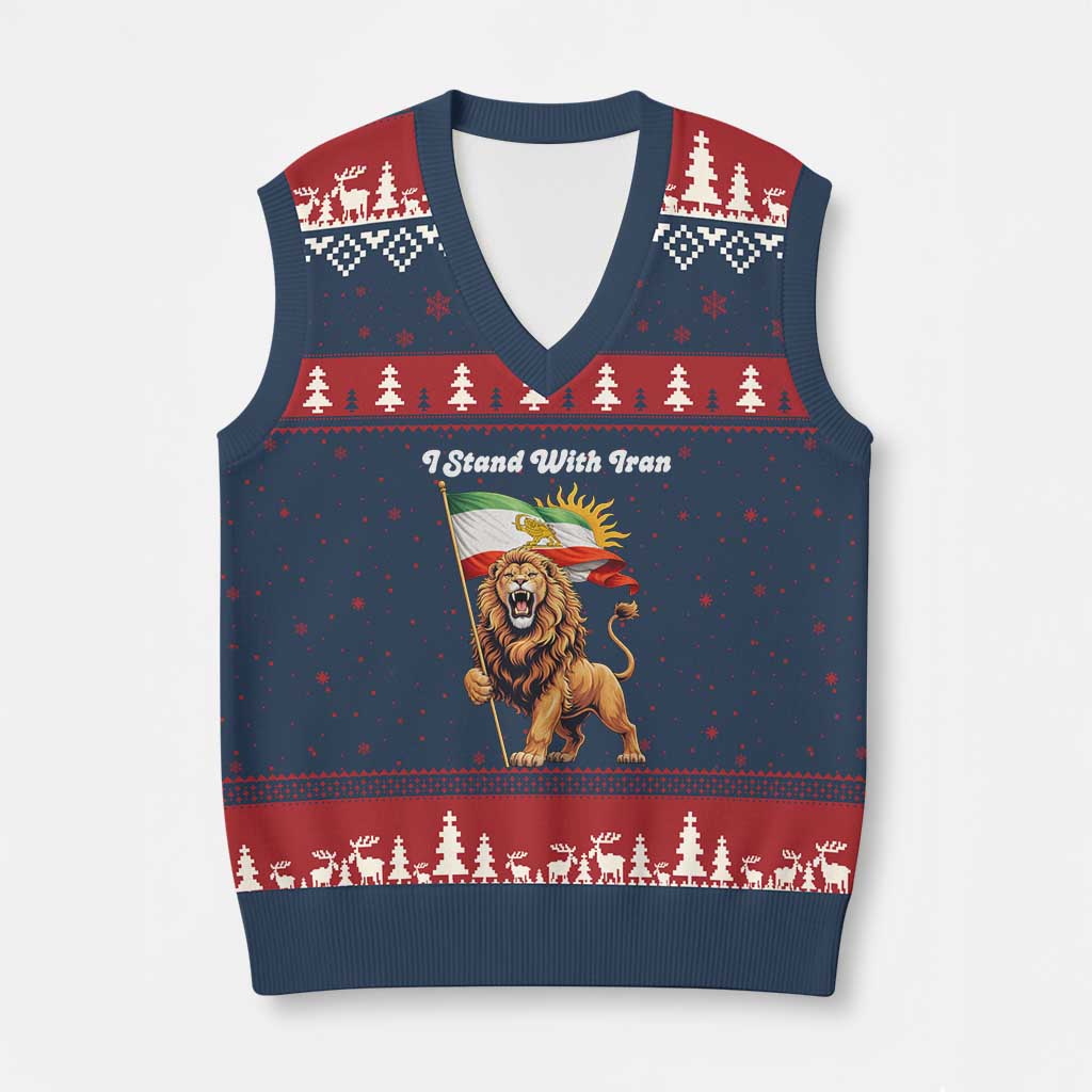 I Stand With Iran V-Neck Knit Sweater Vest Freedom Lion Patriotic Resistance Gift TS12 Navy Red Print Your Wear