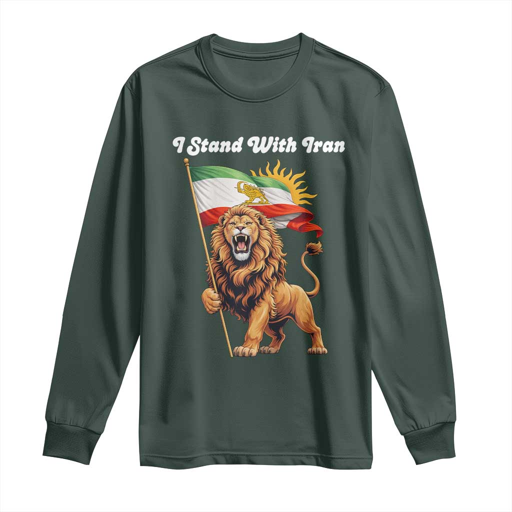 I Stand With Iran Long Sleeve Shirt Freedom Lion Patriotic Resistance Gift TS12 Dark Forest Green Print Your Wear