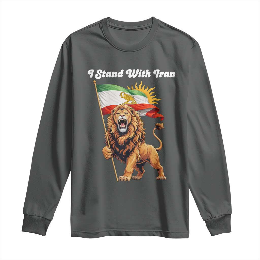 I Stand With Iran Long Sleeve Shirt Freedom Lion Patriotic Resistance Gift TS12 Dark Heather Print Your Wear