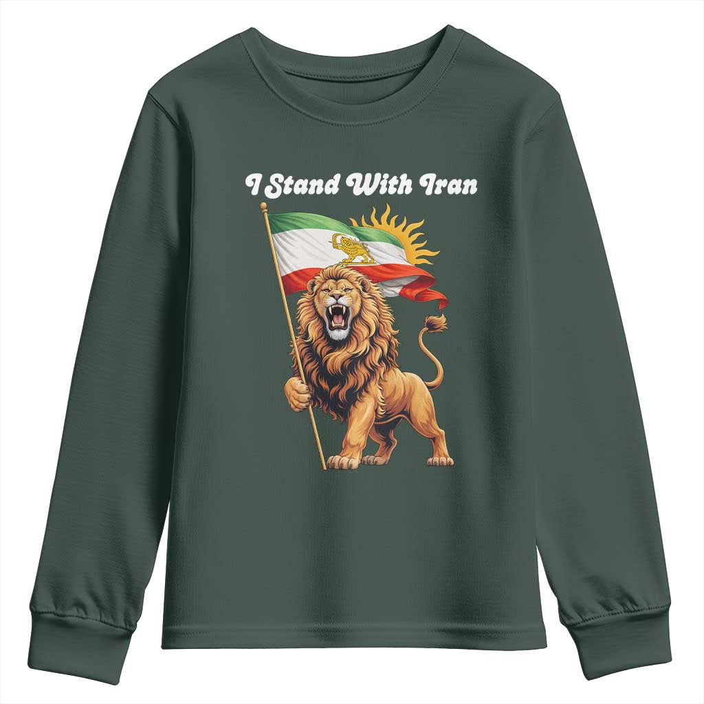 I Stand With Iran Youth Sweatshirt Freedom Lion Patriotic Resistance Gift TS12 Dark Forest Green Print Your Wear