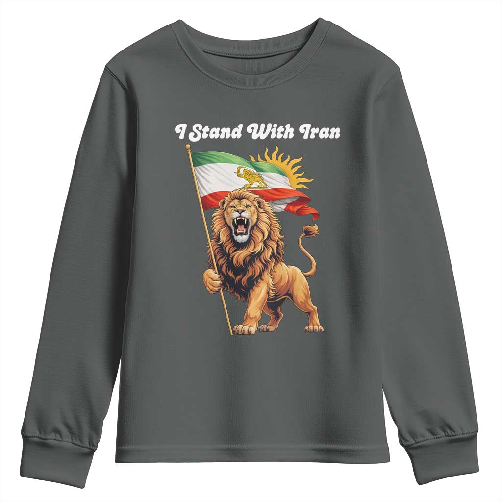 I Stand With Iran Youth Sweatshirt Freedom Lion Patriotic Resistance Gift TS12 Dark Heather Print Your Wear