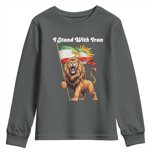 I Stand With Iran Youth Sweatshirt Freedom Lion Patriotic Resistance Gift TS12 Dark Heather Print Your Wear