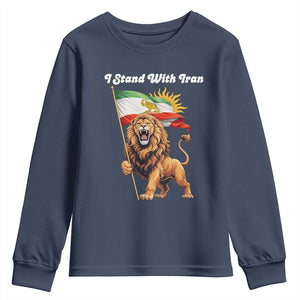 I Stand With Iran Youth Sweatshirt Freedom Lion Patriotic Resistance Gift TS12 Navy Print Your Wear
