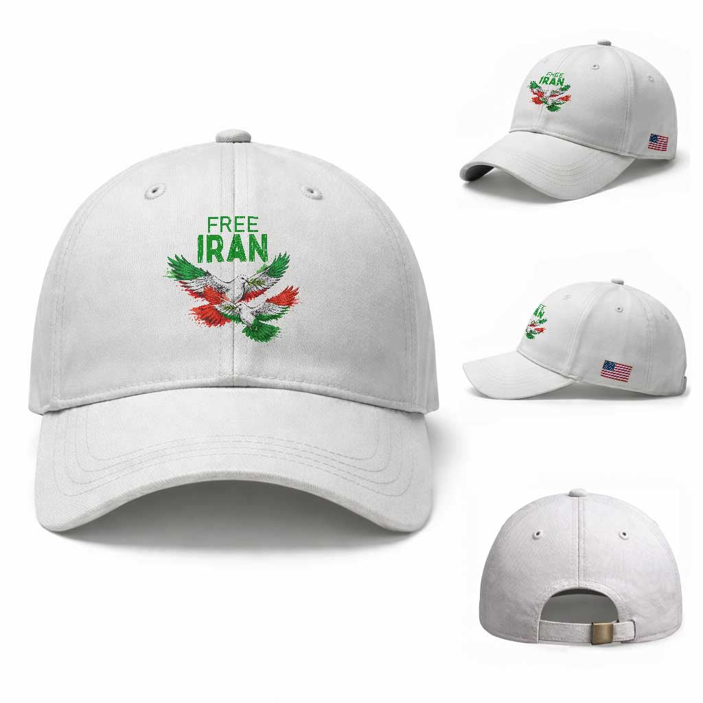Iranian Flag Peace Doves Baseball Cap Free Iran Freedom Statement Gift TS12 Baseball Cap Universal Fit White Print Your Wear