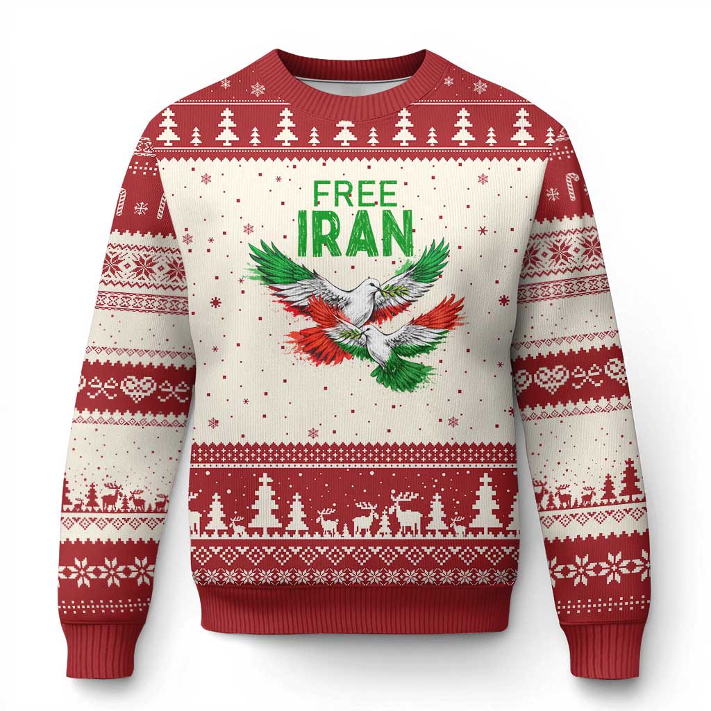 Iranian Flag Peace Doves Ugly Christmas Sweater Free Iran Freedom Statement Gift TS12 Beige Red Print Your Wear