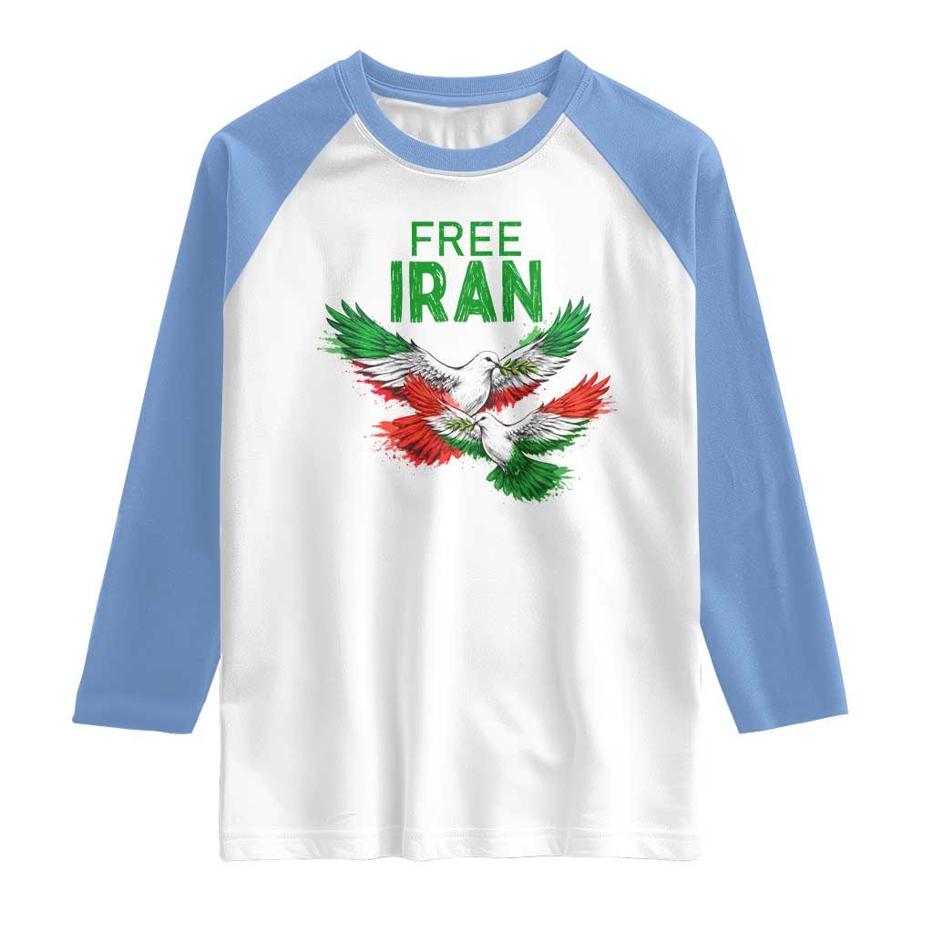Iranian Flag Peace Doves Raglan Shirt Free Iran Freedom Statement Gift TS12 White Carolina Blue Print Your Wear