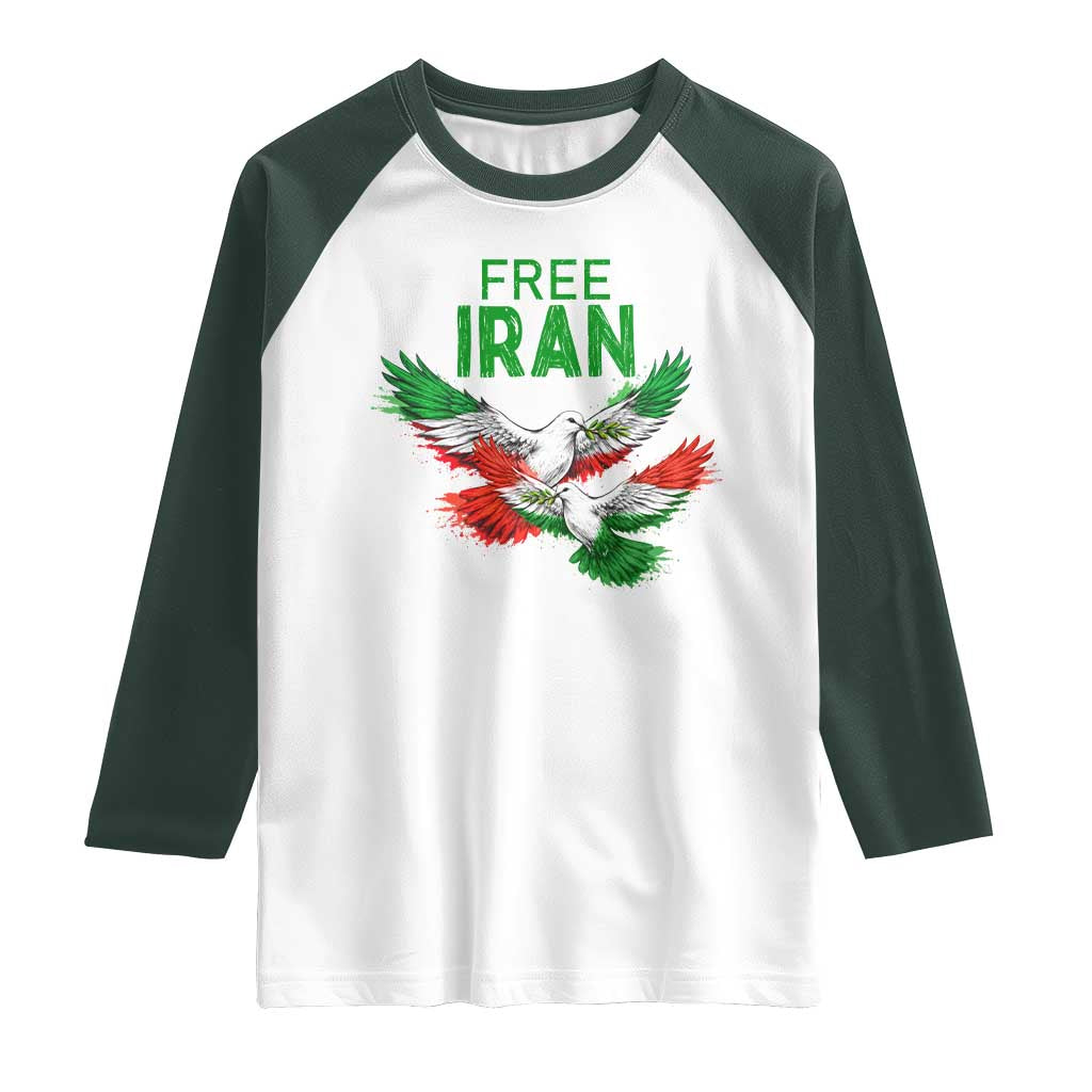 Iranian Flag Peace Doves Raglan Shirt Free Iran Freedom Statement Gift TS12 White Dark Forest Green Print Your Wear