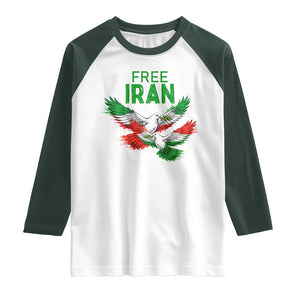 Iranian Flag Peace Doves Raglan Shirt Free Iran Freedom Statement Gift TS12 White Dark Forest Green Print Your Wear