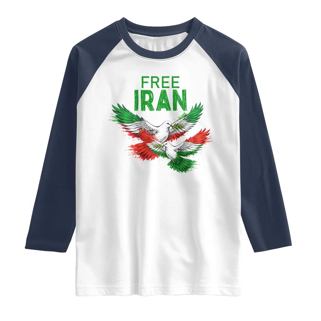 Iranian Flag Peace Doves Raglan Shirt Free Iran Freedom Statement Gift TS12 White Navy Print Your Wear