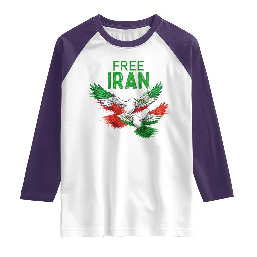 Iranian Flag Peace Doves Raglan Shirt Free Iran Freedom Statement Gift TS12 White Purple Print Your Wear