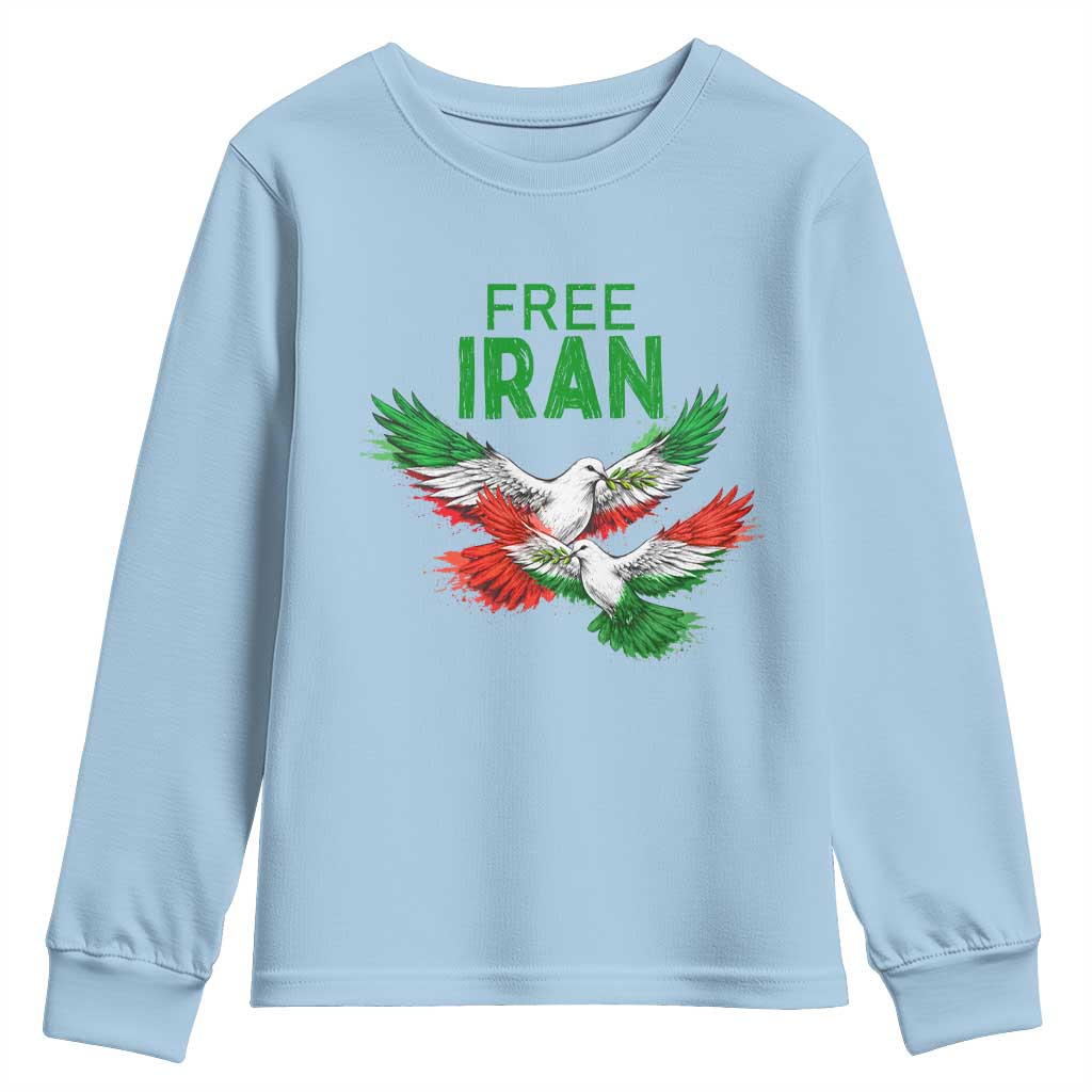 Iranian Flag Peace Doves Youth Sweatshirt Free Iran Freedom Statement Gift TS12 Light Blue Print Your Wear