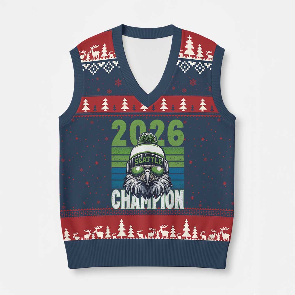 2026 Champion Seattle V-Neck Knit Sweater Vest 12s Fan Pride TS12 Navy Red Print Your Wear