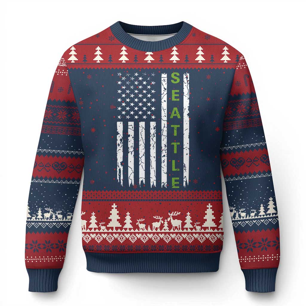 Seattle With American Flag Fan Pride Ugly Christmas Sweater Gift For Sports Lovers TS12 Navy Red Print Your Wear