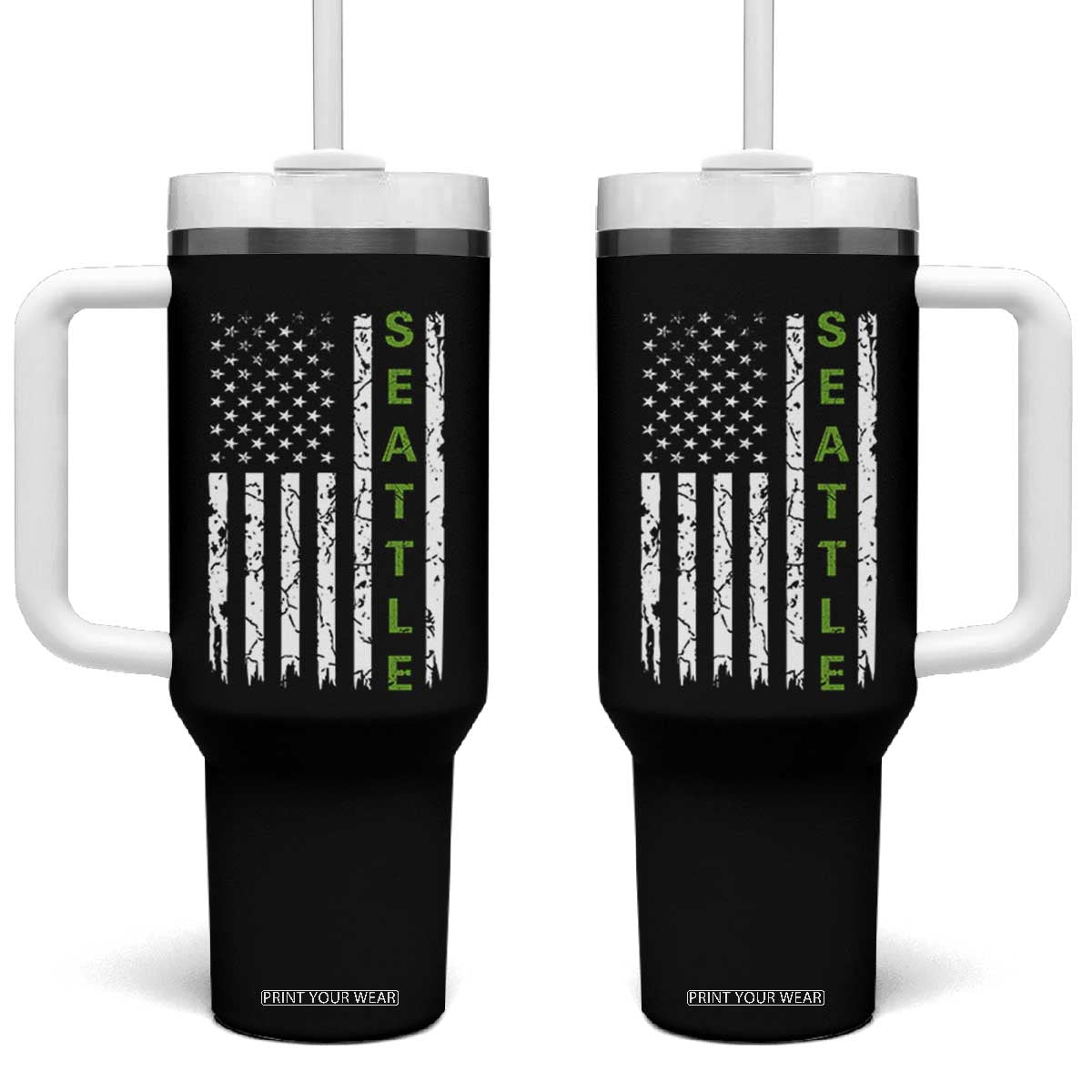 Seattle With American Flag Fan Pride Tumbler With Handle Gift For Sports Lovers TS12 One Size: 40 oz Black Print Your Wear