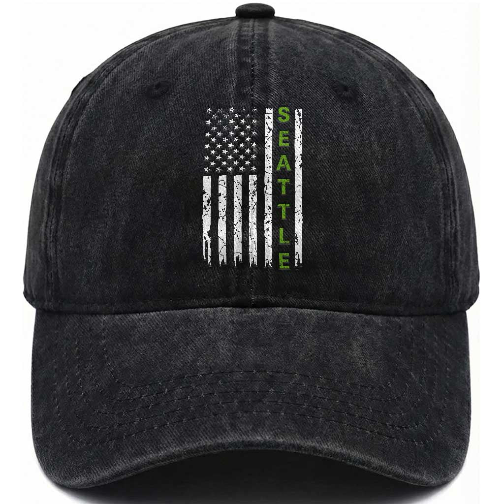 Seattle With American Flag Fan Pride Washed Cotton Baseball Cap Gift For Sports Lovers TS12 Print Your Wear