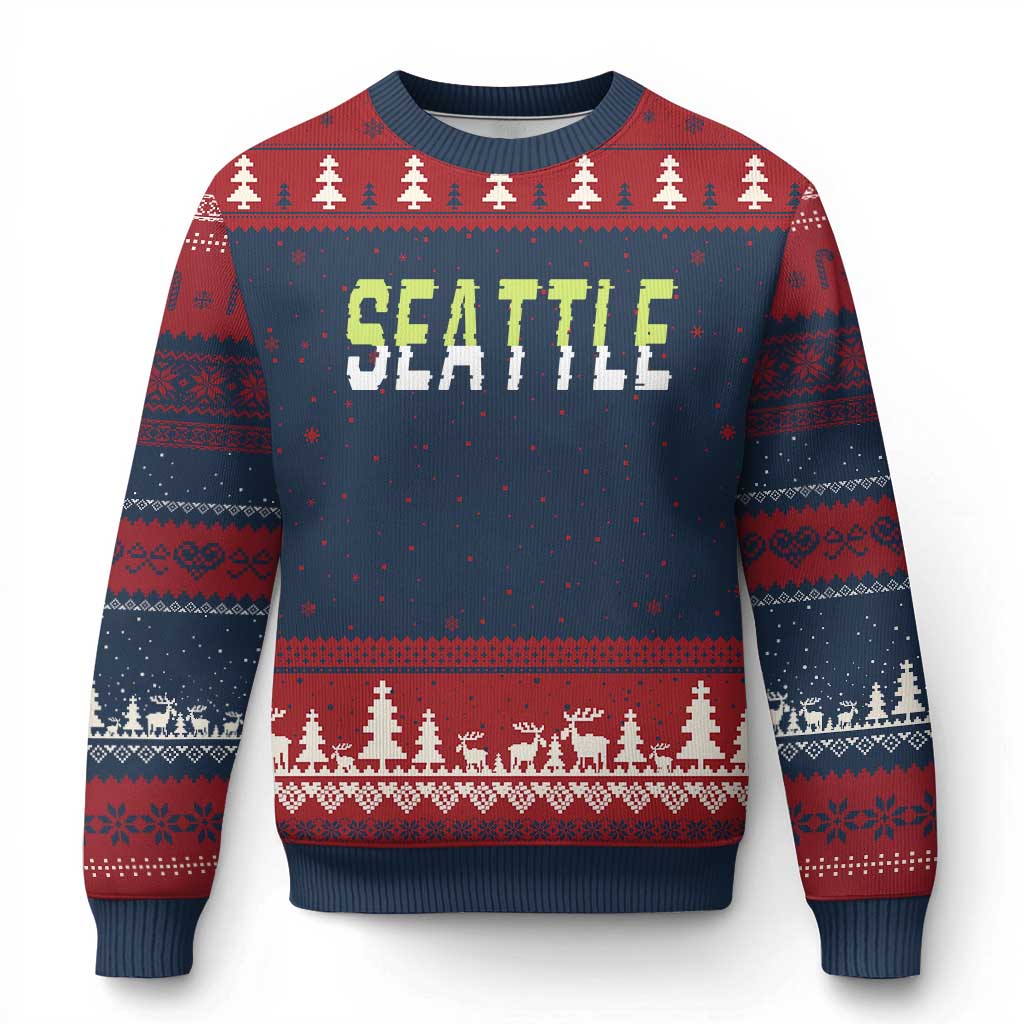 Seattle Retro Glitch Fan Gift Ugly Christmas Sweater Proud Northwest 12s Fan TS12 Navy Red Print Your Wear