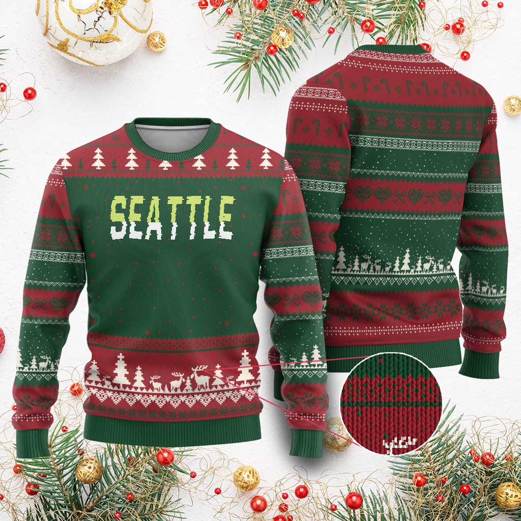 Seattle Retro Glitch Fan Gift Ugly Christmas Sweater Proud Northwest 12s Fan TS12 Red Green Print Your Wear