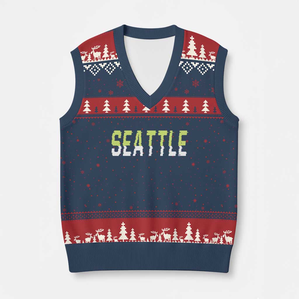 Seattle Retro Glitch Fan Gift V-Neck Knit Sweater Vest Proud Northwest 12s Fan TS12 Navy Red Print Your Wear