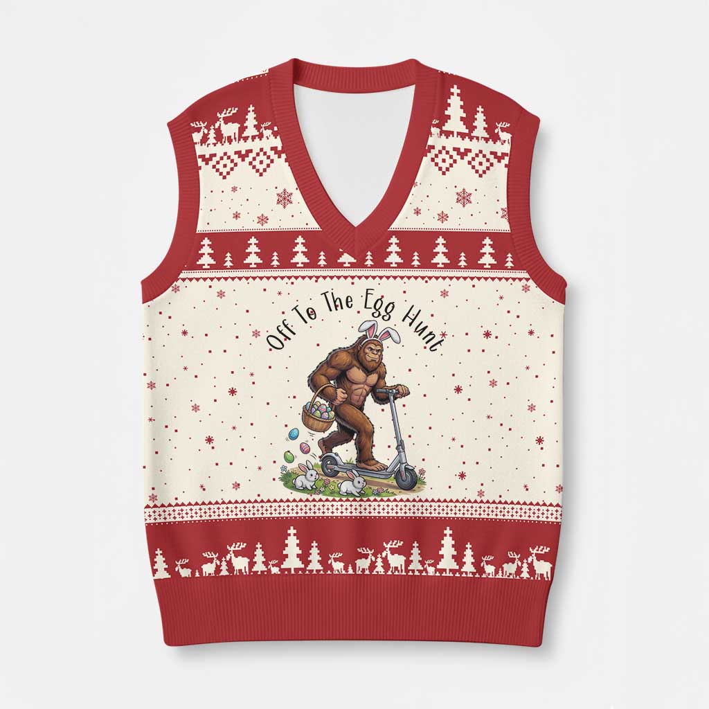 Funny Easter Bigfoot V-Neck Knit Sweater Vest Off To The Egg Hunt TS12 Beige Red Print Your Wear