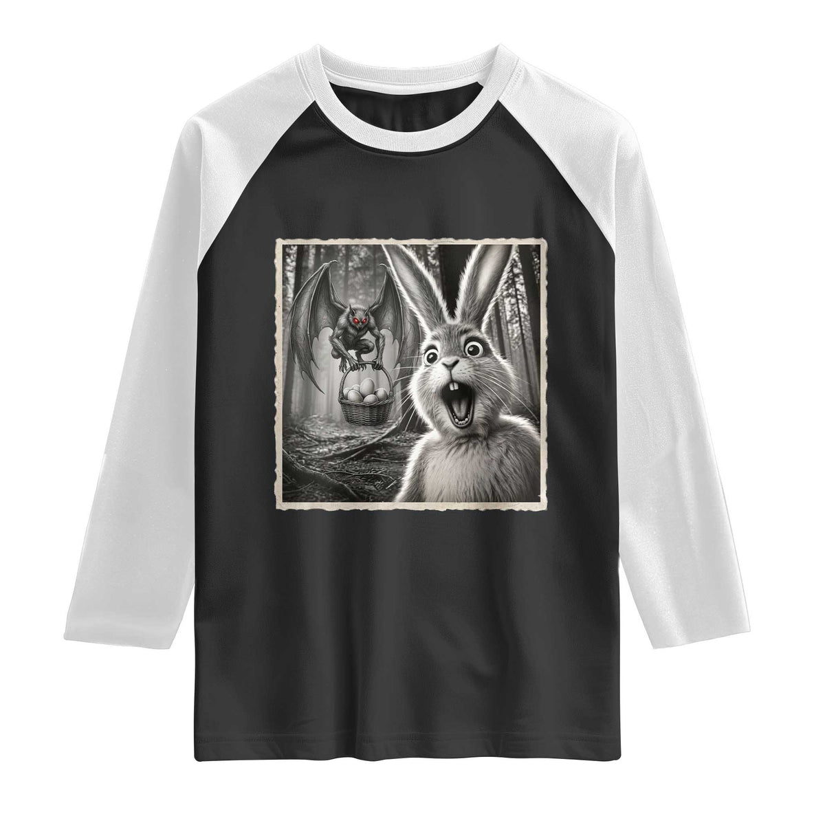 Funny Easter Bunny Selfie Mothman Egg Hunt Raglan Shirt TS12 Black White Print Your Wear