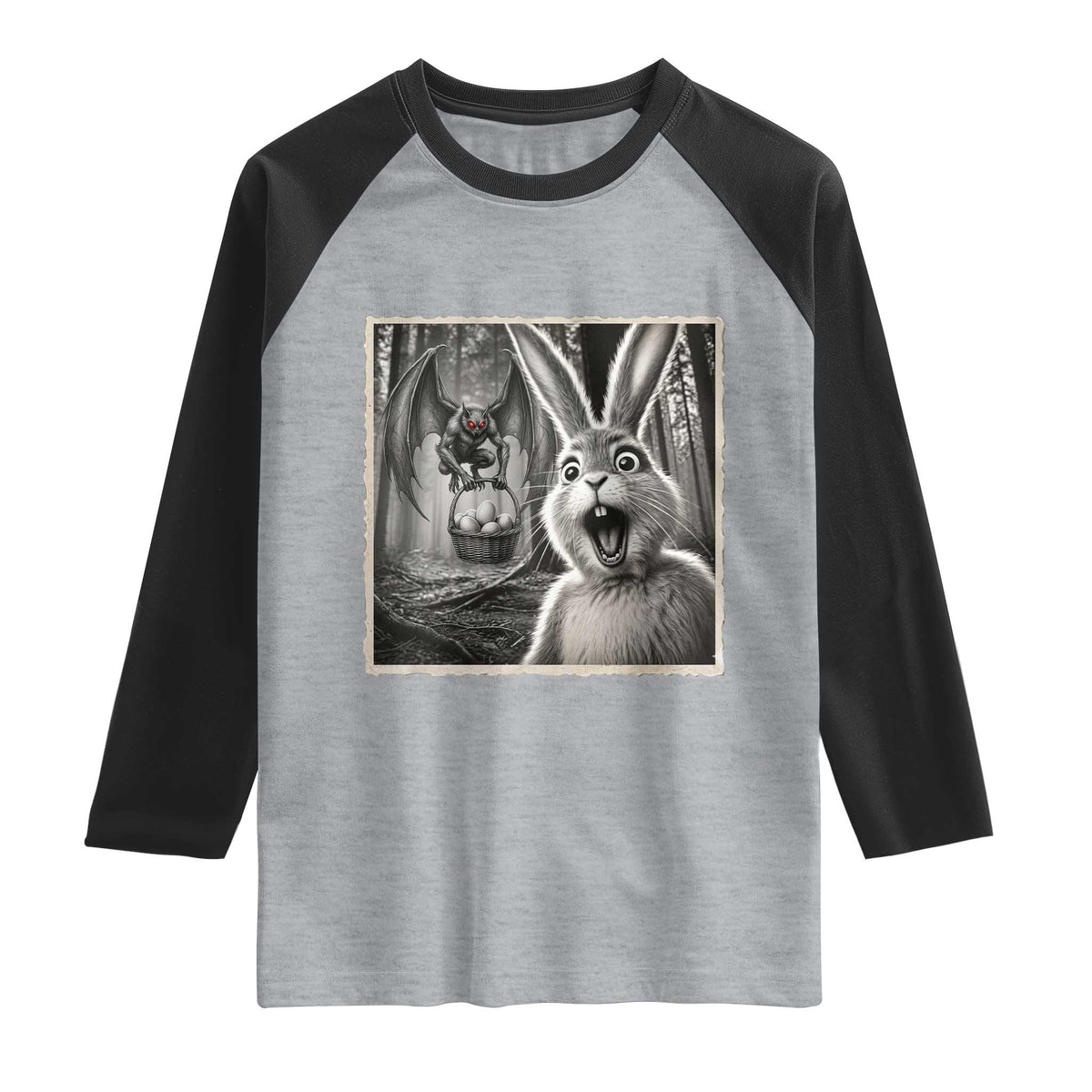 Funny Easter Bunny Selfie Mothman Egg Hunt Raglan Shirt TS12 Heather Gray Black Print Your Wear