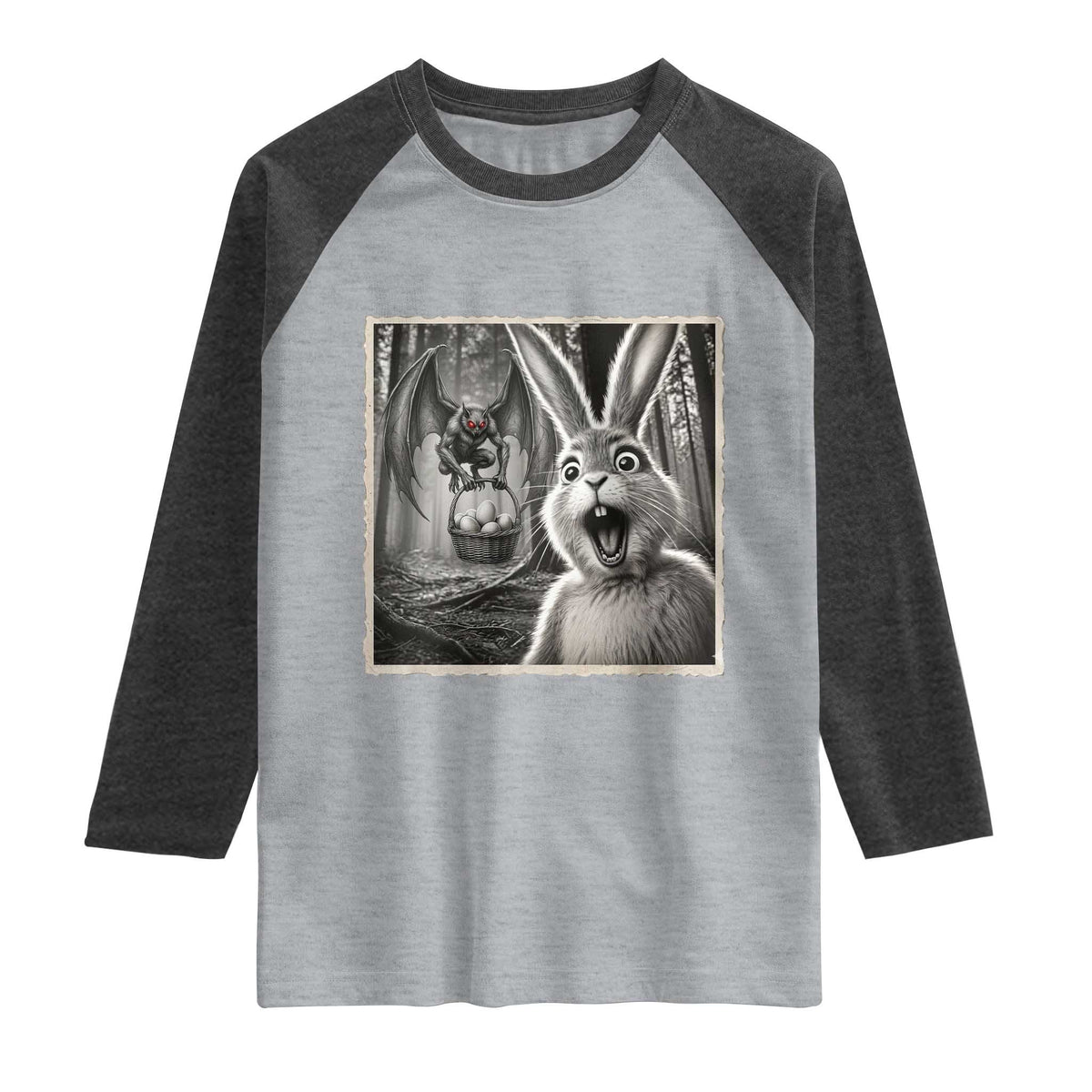 Funny Easter Bunny Selfie Mothman Egg Hunt Raglan Shirt TS12 Heather Gray Heather Charcoal Print Your Wear