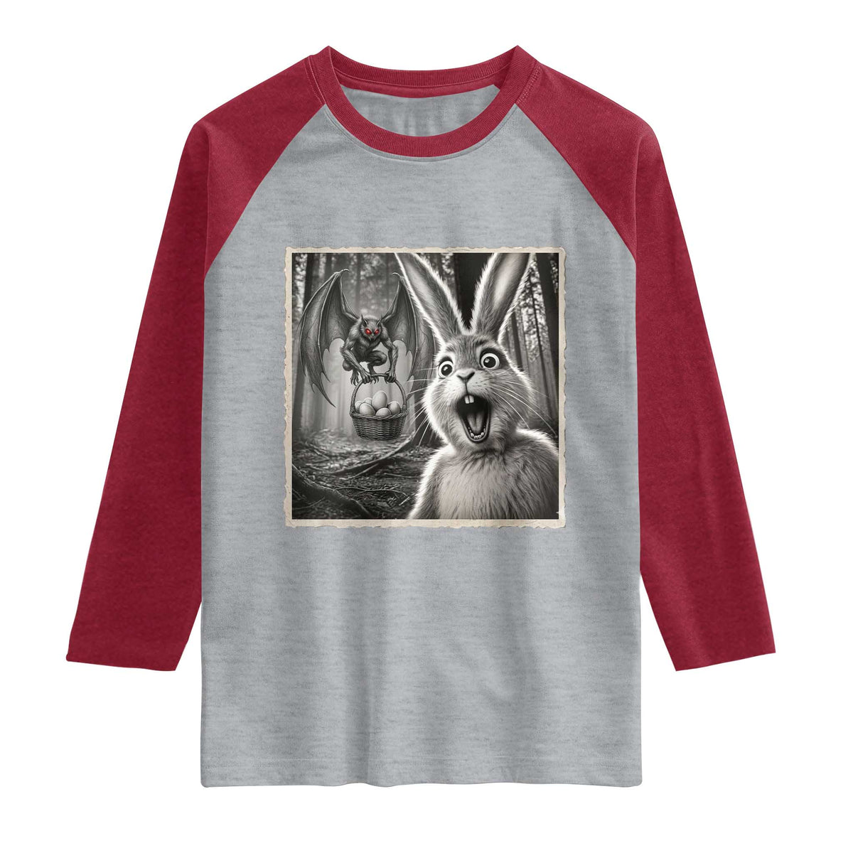 Funny Easter Bunny Selfie Mothman Egg Hunt Raglan Shirt TS12 Heather Gray Heather Red Print Your Wear