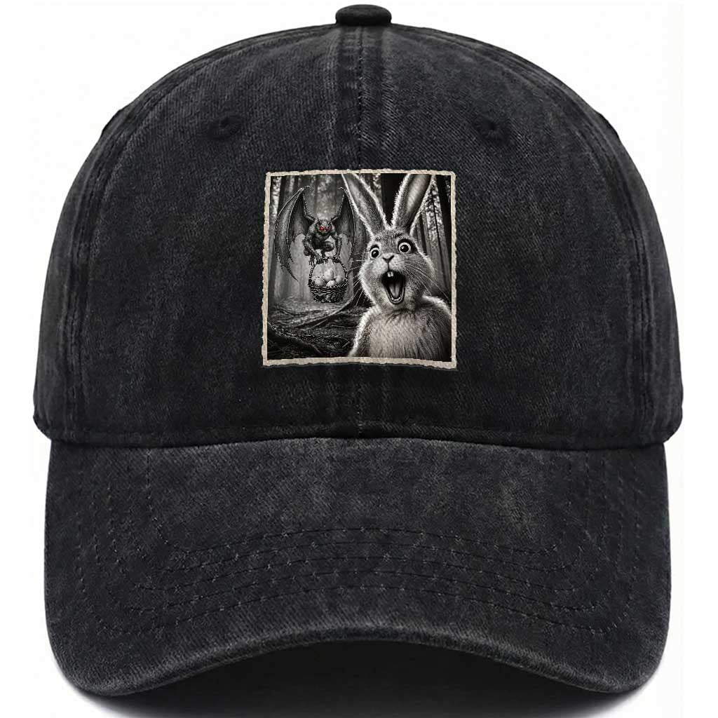 Funny Easter Bunny Selfie Mothman Egg Hunt Washed Cotton Baseball Cap TS12 Washed Cap Universal Fit Black Print Your Wear