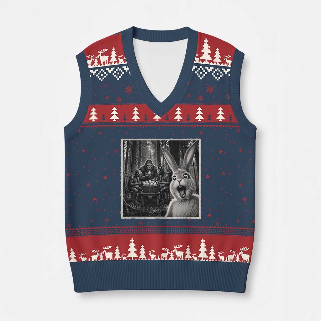 Funny Easter Bunny Selfie V-Neck Knit Sweater Vest Bigfoot Jersey Devil Chupacabra Egg Hunt TS12 Navy Red Print Your Wear