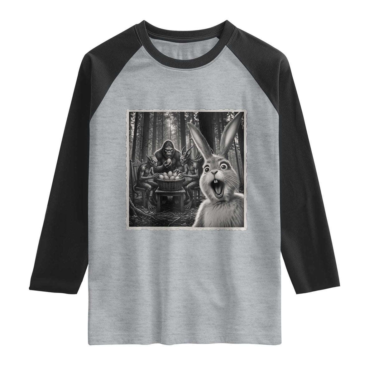 Funny Easter Bunny Selfie Raglan Shirt Bigfoot Jersey Devil Chupacabra Egg Hunt TS12 Heather Gray Black Print Your Wear
