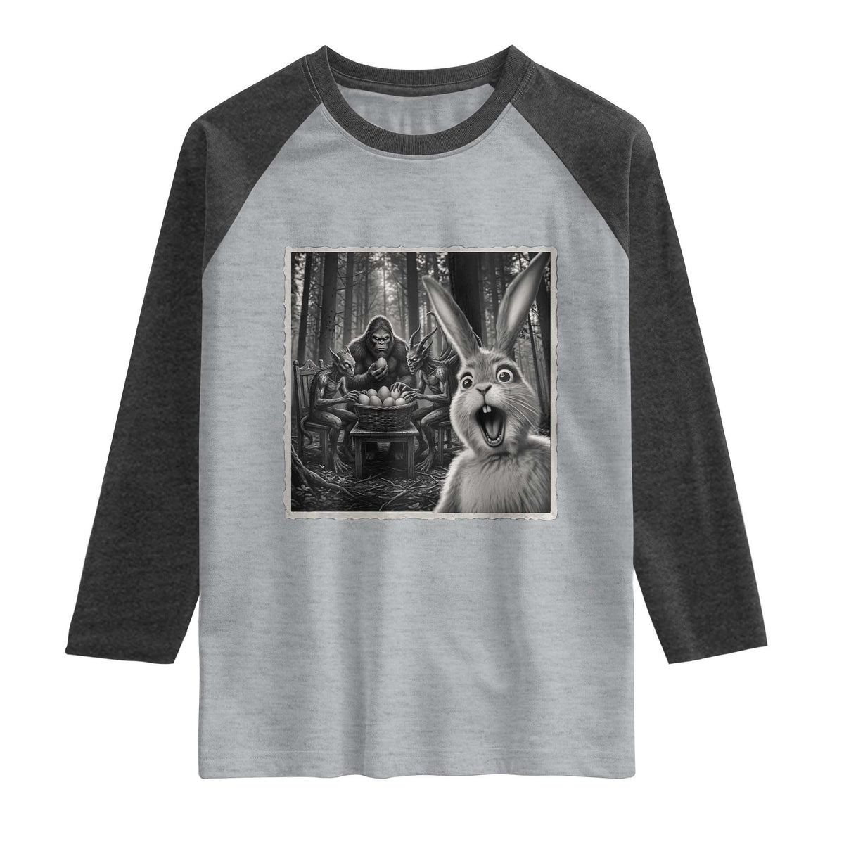 Funny Easter Bunny Selfie Raglan Shirt Bigfoot Jersey Devil Chupacabra Egg Hunt TS12 Heather Gray Heather Charcoal Print Your Wear