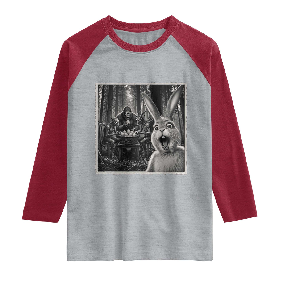 Funny Easter Bunny Selfie Raglan Shirt Bigfoot Jersey Devil Chupacabra Egg Hunt TS12 Heather Gray Heather Red Print Your Wear