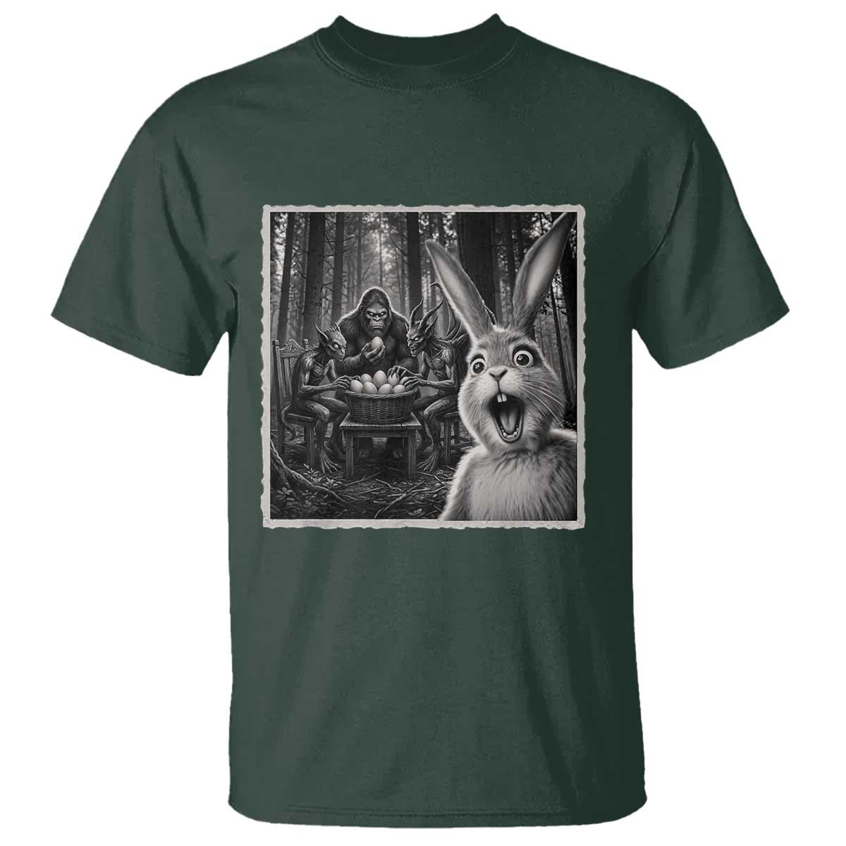 Funny Easter Bunny Selfie T Shirt Bigfoot Jersey Devil Chupacabra Egg Hunt TS12 Dark Forest Green Print Your Wear