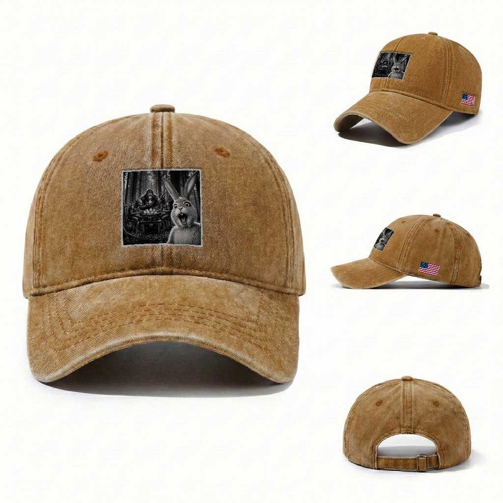 Funny Easter Bunny Selfie Washed Cotton Baseball Cap Bigfoot Jersey Devil Chupacabra Egg Hunt TS12 Washed Cap Universal Fit Yellow Ochre Print Your Wear