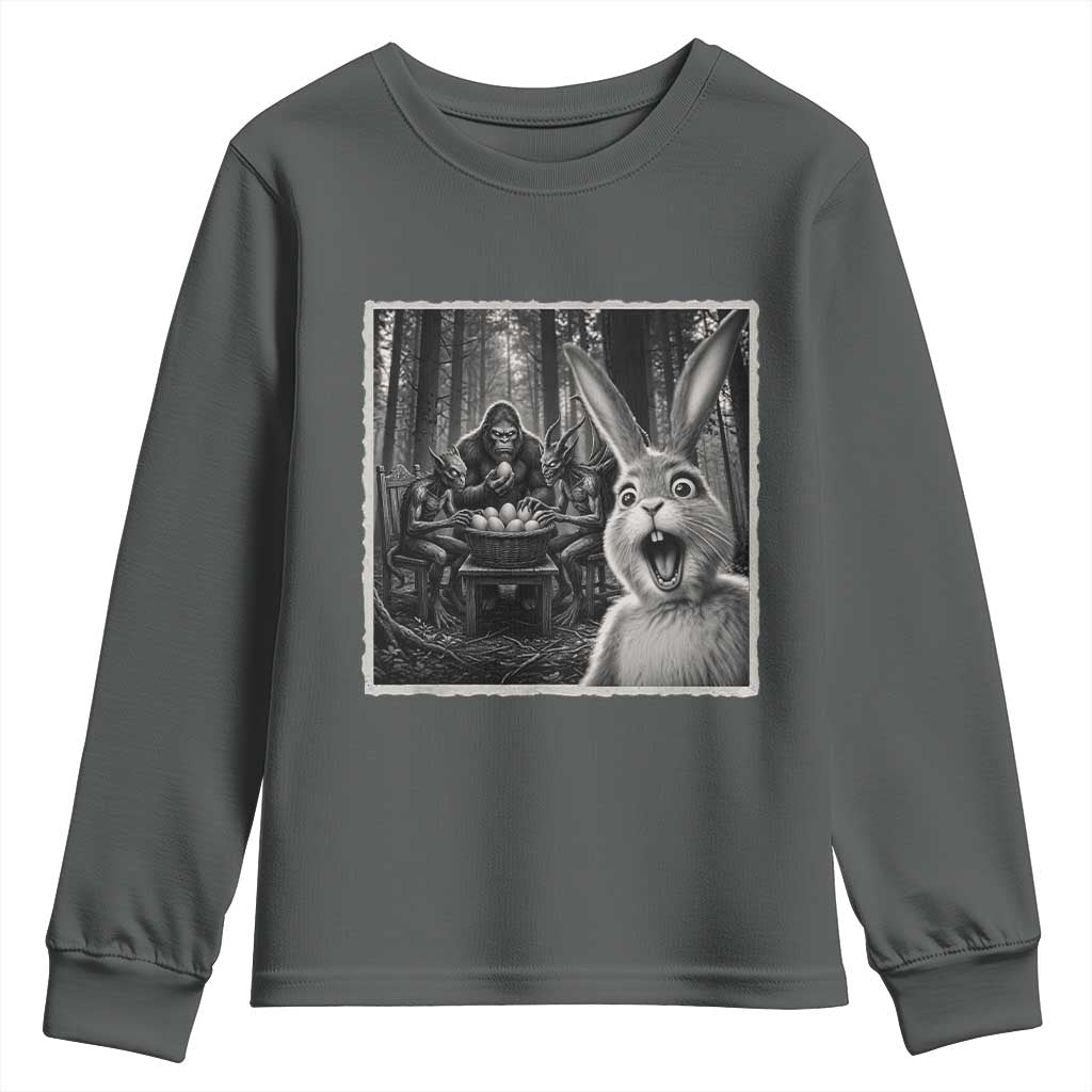 Funny Easter Bunny Selfie Youth Sweatshirt Bigfoot Jersey Devil Chupacabra Egg Hunt TS12 Dark Heather Print Your Wear