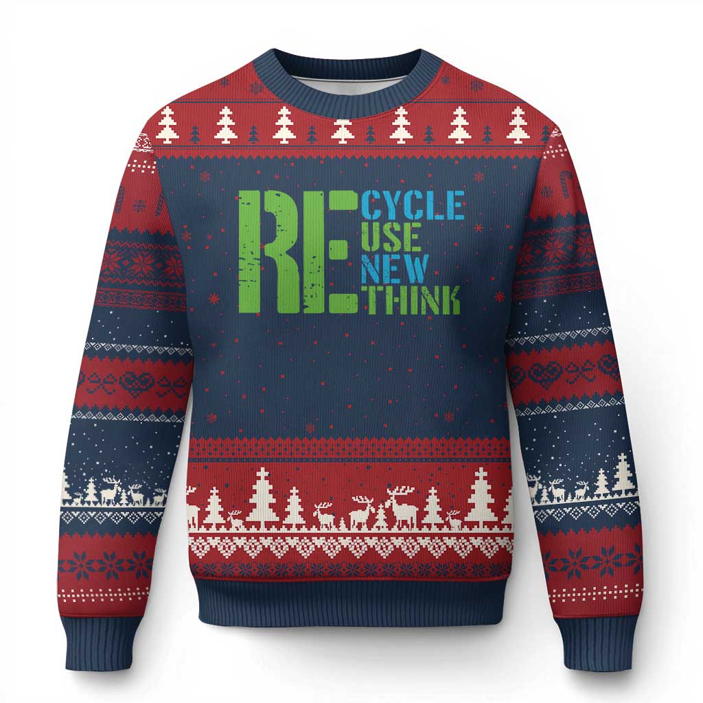 Recycle Reuse Renew Rethink Ugly Christmas Sweater Earth Day TS12 Navy Red Print Your Wear