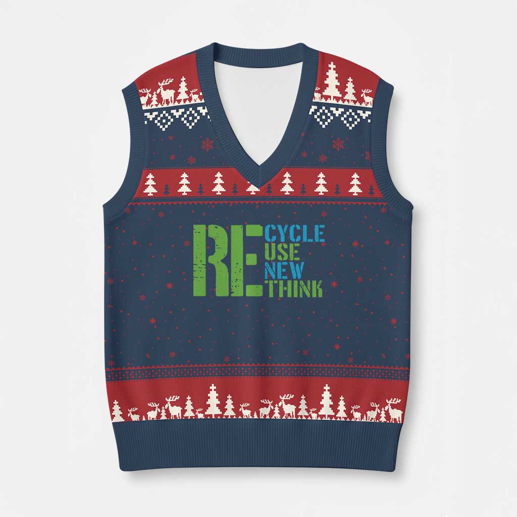 Recycle Reuse Renew Rethink V-Neck Knit Sweater Vest Earth Day TS12 Navy Red Print Your Wear
