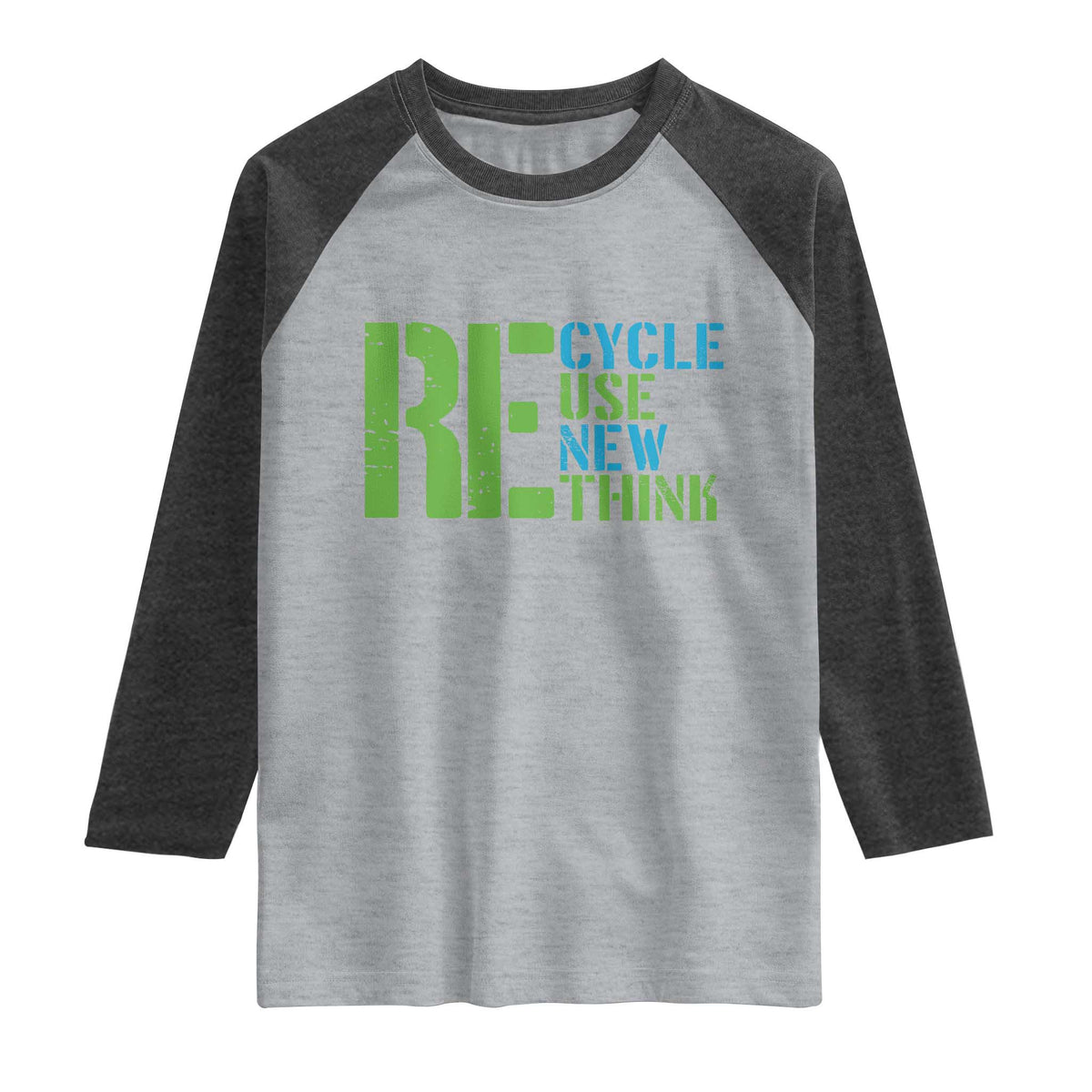 Recycle Reuse Renew Rethink Raglan Shirt Earth Day TS12 Heather Gray Heather Charcoal Print Your Wear