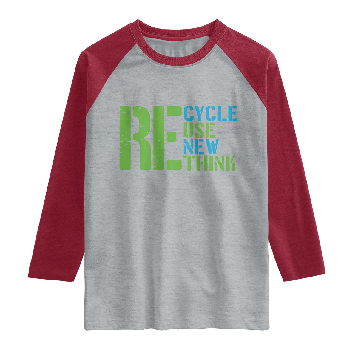 Recycle Reuse Renew Rethink Raglan Shirt Earth Day TS12 Heather Gray Heather Red Print Your Wear