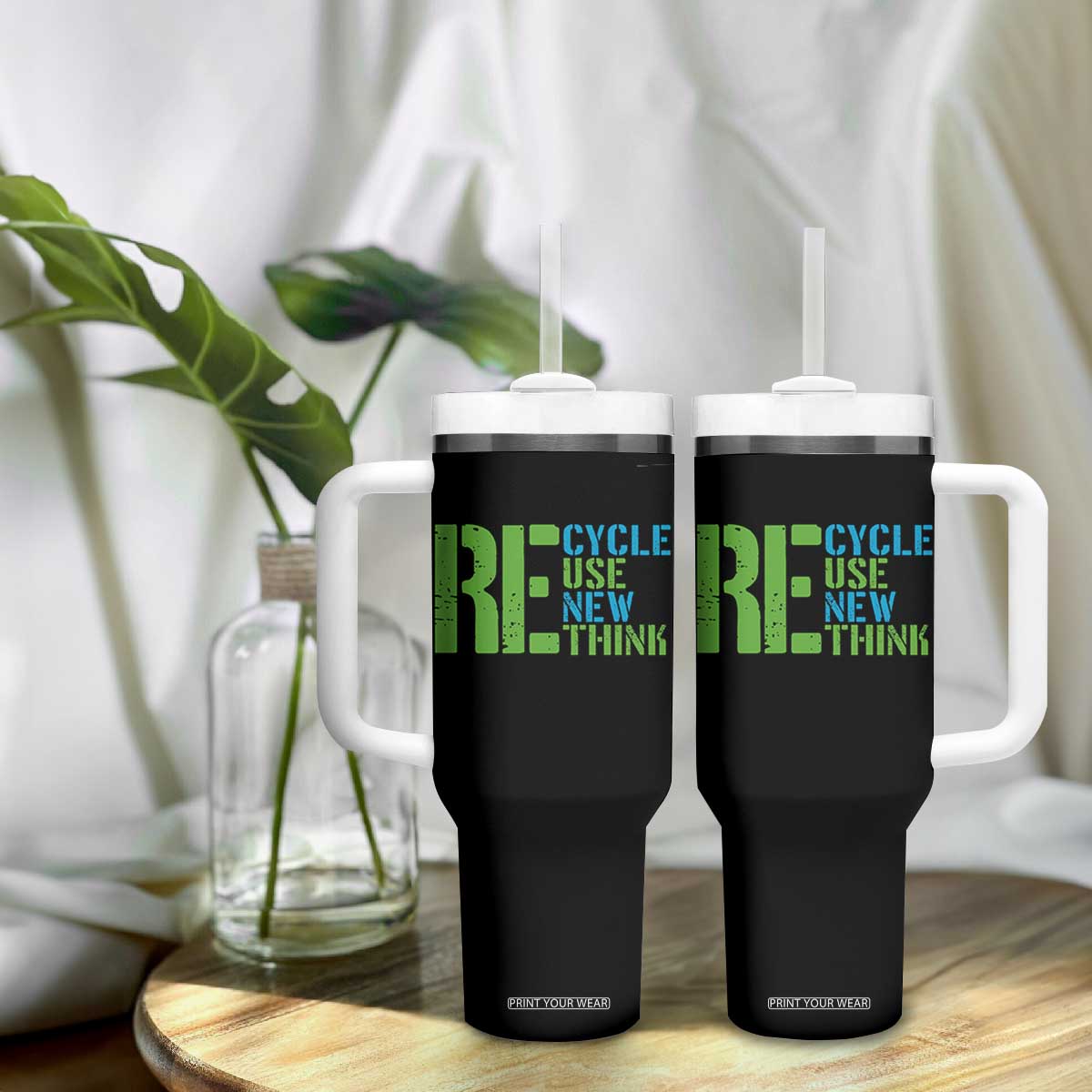 Recycle Reuse Renew Rethink Tumbler With Handle Earth Day TS12 Print Your Wear