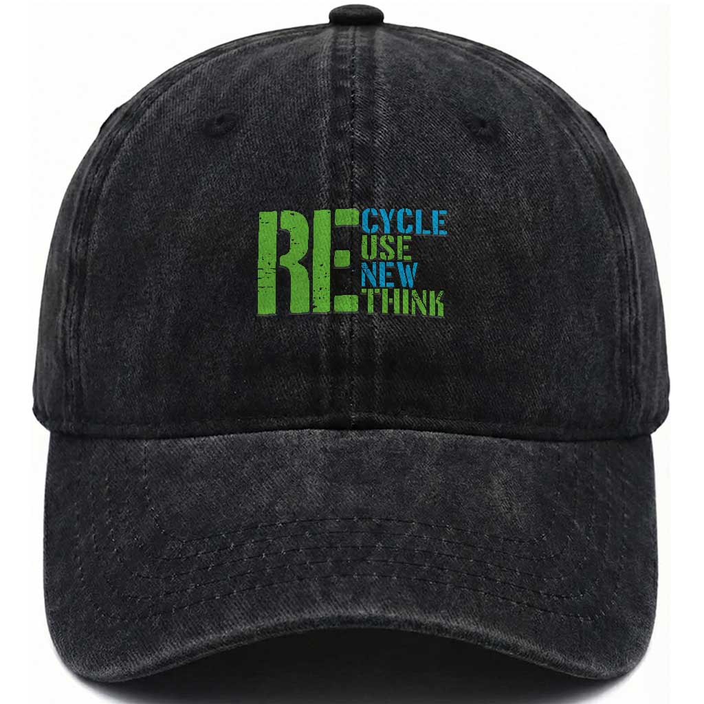 Recycle Reuse Renew Rethink Washed Cotton Baseball Cap Earth Day TS12 Washed Cap Universal Fit Black Print Your Wear