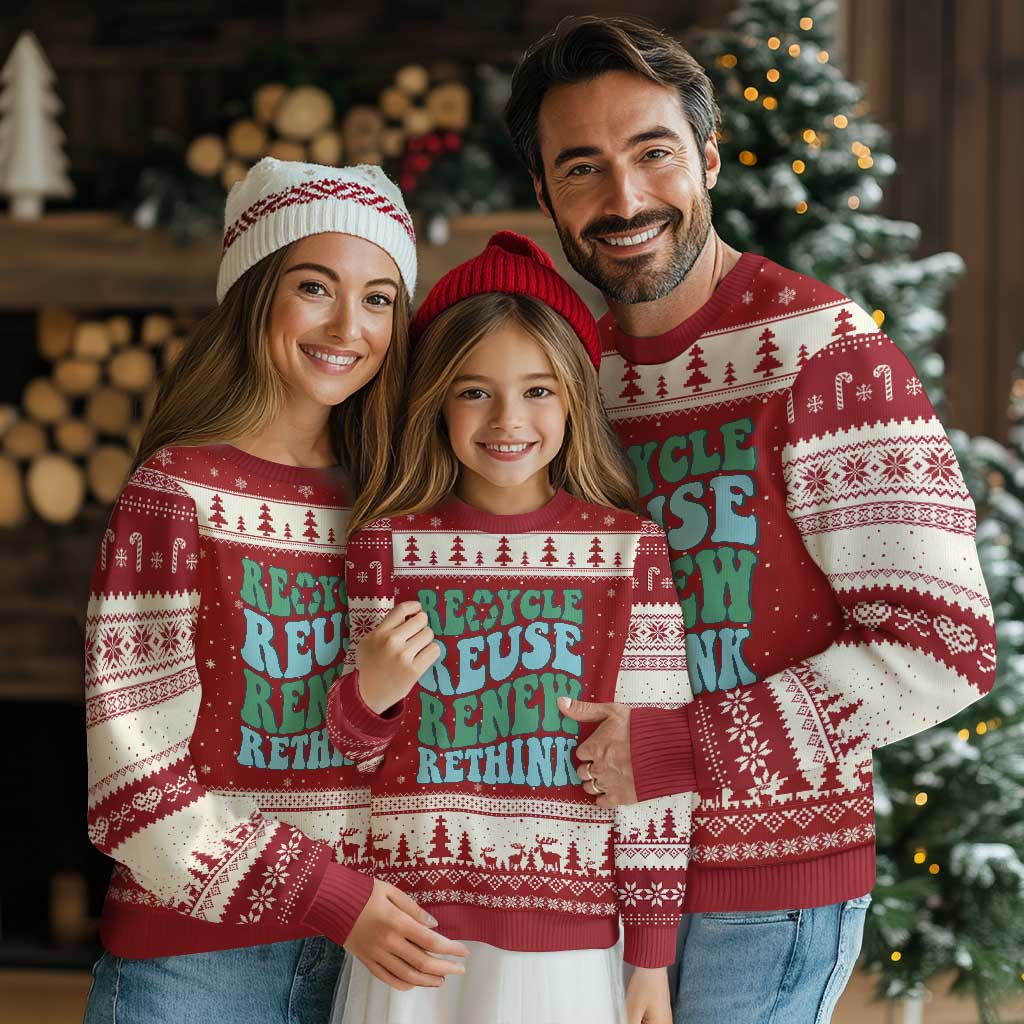 Recycle Reuse Renew Rethink Ugly Christmas Sweater Eco Friendly Earth Day TS12 Red Beige Print Your Wear