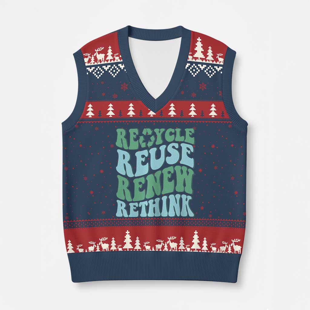 Recycle Reuse Renew Rethink V-Neck Knit Sweater Vest Eco Friendly Earth Day TS12 Navy Red Print Your Wear