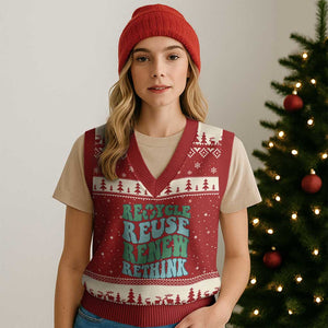 Recycle Reuse Renew Rethink V-Neck Knit Sweater Vest Eco Friendly Earth Day TS12 Red Beige Print Your Wear