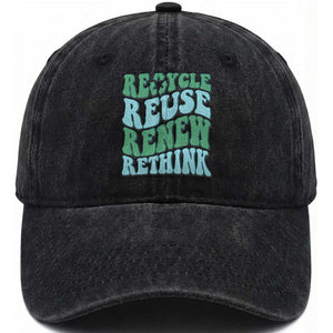 Recycle Reuse Renew Rethink Washed Cotton Baseball Cap Eco Friendly Earth Day TS12 Washed Cap Universal Fit Black Print Your Wear