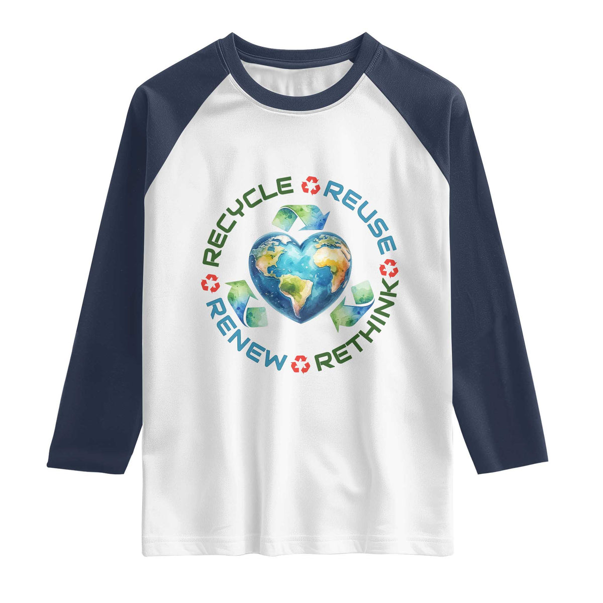Recycle Reuse Renew Rethink Raglan Shirt Zero Waste Life TS12 White Navy Print Your Wear